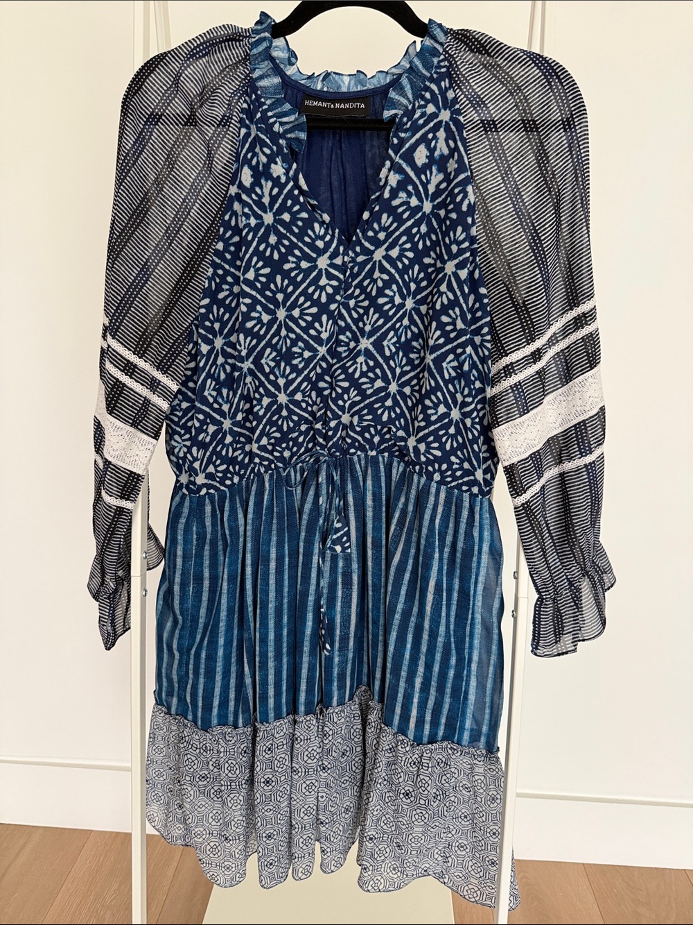 Hemant and Nandita Indigo Mixed-Print Tiered Long-Sleeve Dress
